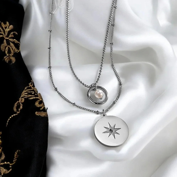 🆕️18K White Gold Plated Star Charm Minimalist Layered Necklace Dainty Pearl - Picture 7 of 13